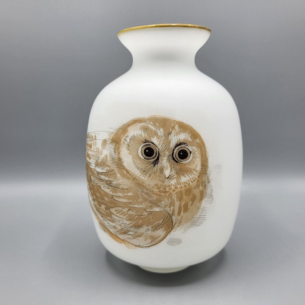 Vintage Enesco Satin Frosted White Glass Vase with Painted Owl 7.5" Tall